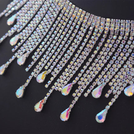 5YDS Crystal AB Rhinestone Fringe Trim 3.1" Tassel Applique Sew-On Stage Costume Border