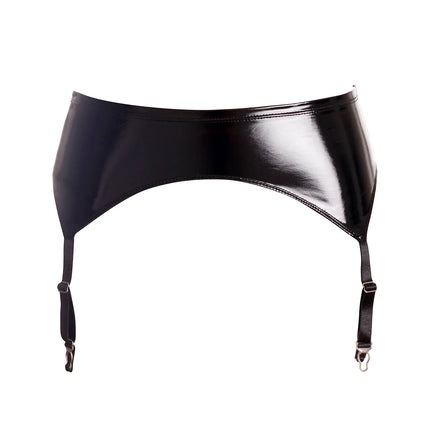 Glossy Faux Leather Mid-Waist Garter Belt with Metal Buckle Suspenders