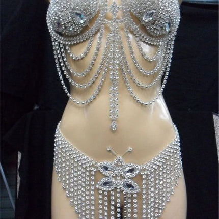 Dazzling Crystal Bra Chain & Catwalk Tassel Body Jewelry Set