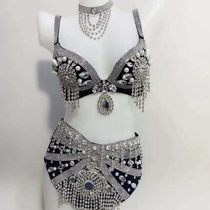Sparkly Rhinestone Beading Tassel Bikini Sexy Nightclub Stage Wear Fringe Bra High Waist Short DJ Rave Outfit Nightclub Costume