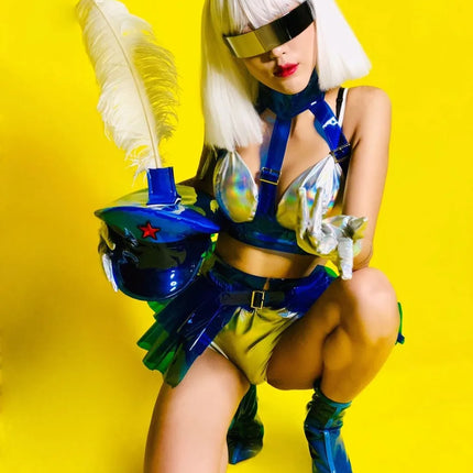Holographic Silver Laser Bikini, Ruffle Skirt & Captain Hat 3-Piece Stage Costume Set