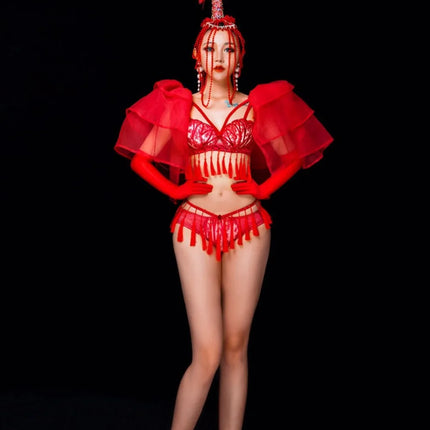 Red Feather Beading Headgear Bikini Dance Outfit Women Nightclub Party Show Stage Wear Bar Concert Singer Performance Costume