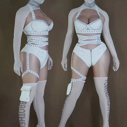 White Cyber Military Commander Bodysuit & Harness Set Men's & Women's Stage Dance Costume