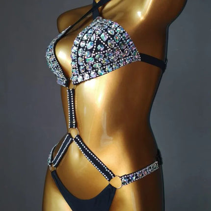 The Siren Strappy Rhinestone Bikini – Crystal Diamond Cutout Showgirl Set