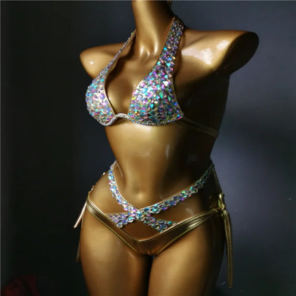 The Venus Vacation High-Waist Bikini – Classic Diamond Rhinestone Showgirl Set