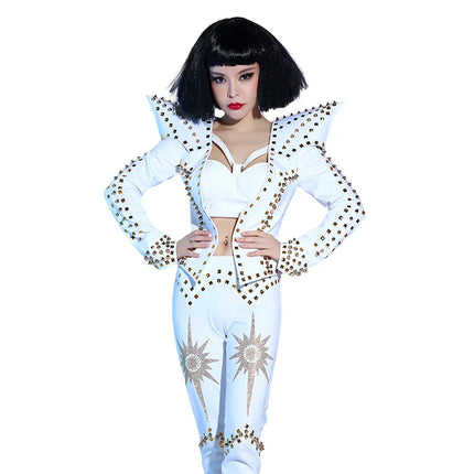 White Studded Punk Rivet Crop Jacket & Pants 2-Piece Singer Stage Costume Set