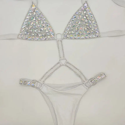 The Siren Strappy Rhinestone Bikini – Crystal Diamond Cutout Showgirl Set