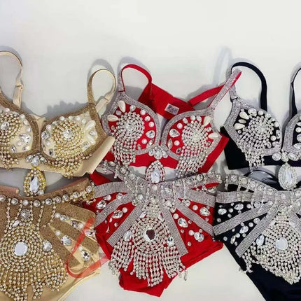 Sparkly Rhinestone Beading Tassel Bikini Sexy Nightclub Stage Wear Fringe Bra High Waist Short DJ Rave Outfit Nightclub Costume