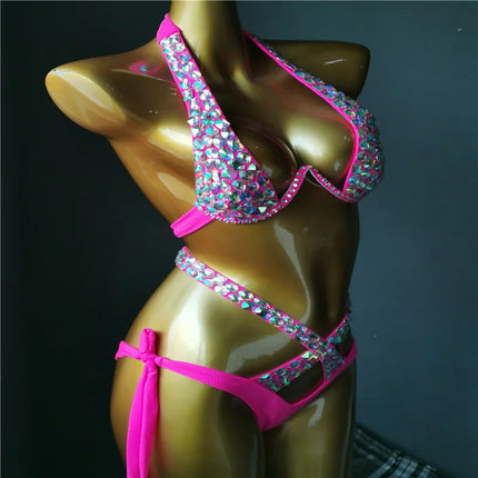 The Venus Vacation High-Waist Bikini – Classic Diamond Rhinestone Showgirl Set