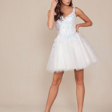 Nox Anabel H846W Short Glitter Sequin Applique White A-Line Dress