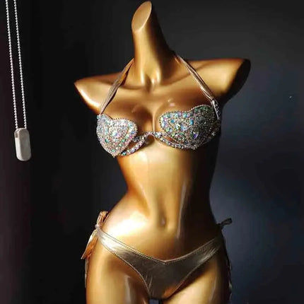 The Venus Vacation Deep-V Bikini – Luxe Rhinestone Embellished Showgirl Swim Set