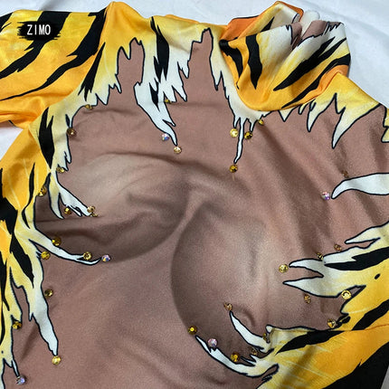 Tiger Print Rhinestone Catsuit Long Sleeve Fierce Animal Stage Performance Jumpsuit
