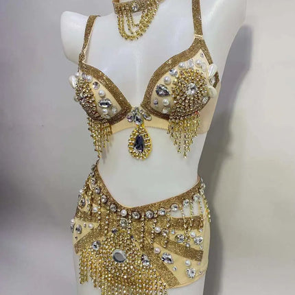 Sparkly Rhinestone Beading Tassel Bikini Sexy Nightclub Stage Wear Fringe Bra High Waist Short DJ Rave Outfit Nightclub Costume