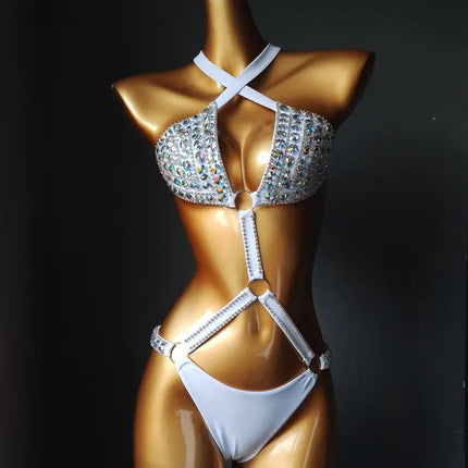 The Siren Strappy Rhinestone Bikini – Crystal Diamond Cutout Showgirl Set