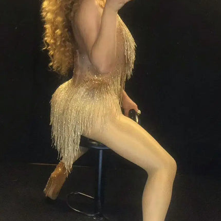 Sparkly Gold Rhinestone & Tassel Halter Neck Leotard Stage Costume