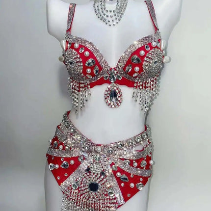 Sparkly Rhinestone Beading Tassel Bikini Sexy Nightclub Stage Wear Fringe Bra High Waist Short DJ Rave Outfit Nightclub Costume