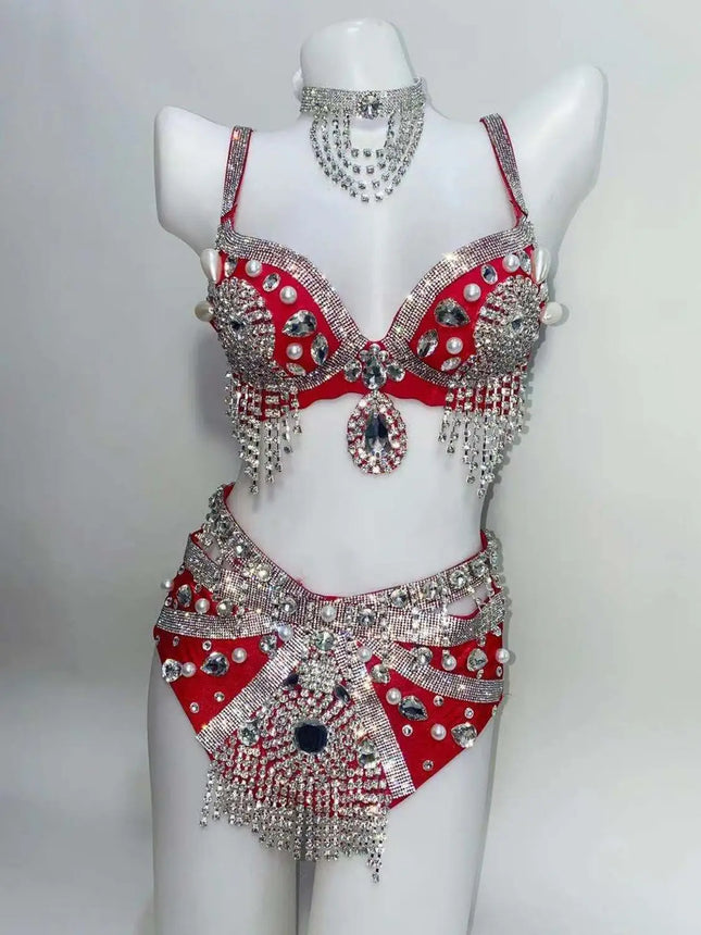 Sparkly Rhinestone Beading Tassel Bikini Sexy Nightclub Stage Wear Fringe Bra High Waist Short DJ Rave Outfit Nightclub Costume