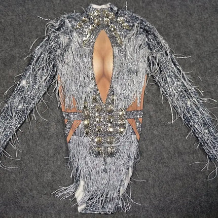 Sparkly Silver Crystal Rhinestone & Fringe Bodysuit Stage Performance Costume