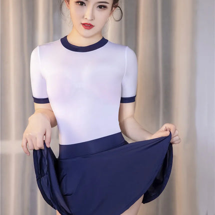 Shiny Sheer A-Line Pleated Micro Mini Skirt & Matching Bodysuit Set