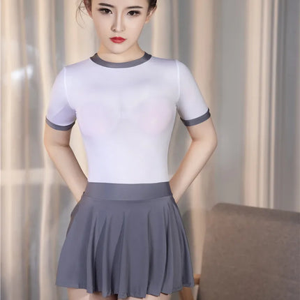 Shiny Sheer A-Line Pleated Micro Mini Skirt & Matching Bodysuit Set