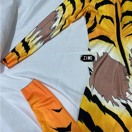 Tiger Print Rhinestone Catsuit Long Sleeve Fierce Animal Stage Performance Jumpsuit