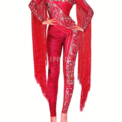 Silver Red Rhinestone Fringe Jumpsuit Stage Performance Outfit Dancer Catsuit