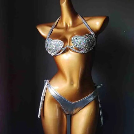 The Venus Vacation Deep-V Bikini – Luxe Rhinestone Embellished Showgirl Swim Set