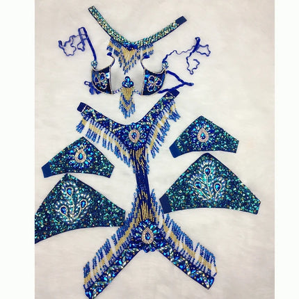 Handmade Beaded Samba Carnival Bra, Thong & Jewelry 5-Piece Stage Costume Set
