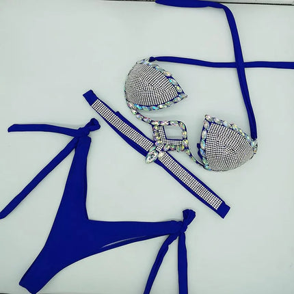 The Stardust Geometric Cross-Strap Bikini – Crystal Lattice Showgirl Set