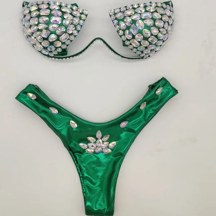 Luxury Rhinestone Performance Bikini Set – Shimmering Crystal Push-Up Stage Costume & Bling Two-Piece for GoGo Dancers, Festivals & Raves