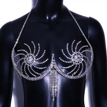 Luxury Crystal Swirl Micro Bikini Body Chain – Shimmering Rhinestone Tassel Bra & Exotic Chest Harness for Festivals, Raves & Clubwear