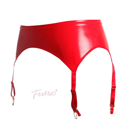 Glossy Faux Leather Mid-Waist Garter Belt with Metal Buckle Suspenders