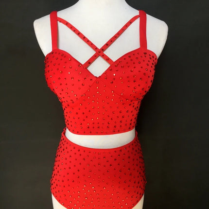 Sparkly Rhinestone Crop Top & High-Waisted Shorts Two-Piece Dance Costume Set