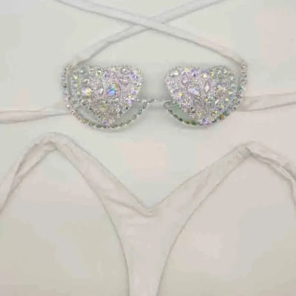 The Venus Vacation Deep-V Bikini – Luxe Rhinestone Embellished Showgirl Swim Set