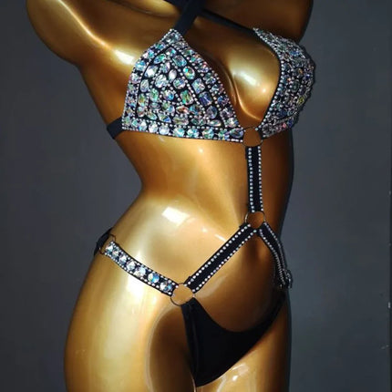The Siren Strappy Rhinestone Bikini – Crystal Diamond Cutout Showgirl Set