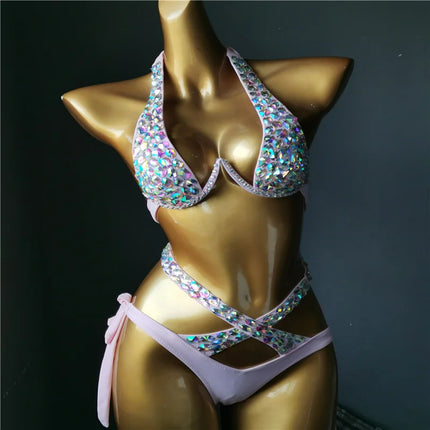 The Venus Vacation High-Waist Bikini – Classic Diamond Rhinestone Showgirl Set