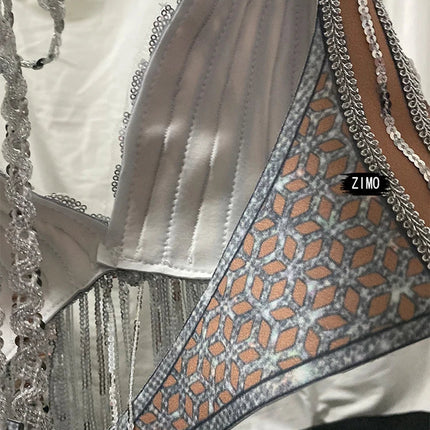 Silver Sequin Tassel Halter Bra & Shorts Stage Performance Set