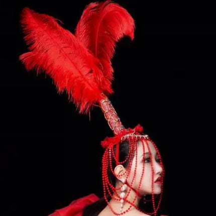 Red Feather Beading Headgear Bikini Dance Outfit Women Nightclub Party Show Stage Wear Bar Concert Singer Performance Costume