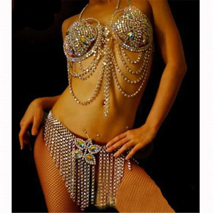 Dazzling Crystal Bra Chain & Catwalk Tassel Body Jewelry Set