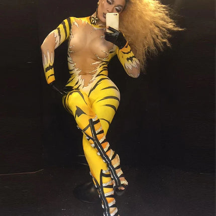Tiger Print Rhinestone Catsuit Long Sleeve Fierce Animal Stage Performance Jumpsuit