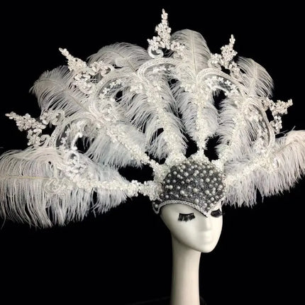 The Stardust Empress Royale – Deluxe Pearl, Lace & Feather Showgirl Headdress Crown