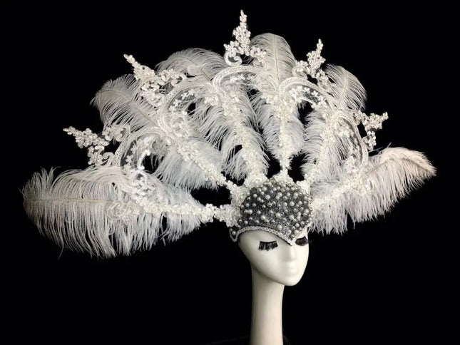 The Stardust Empress Royale – Deluxe Pearl, Lace & Feather Showgirl Headdress Crown