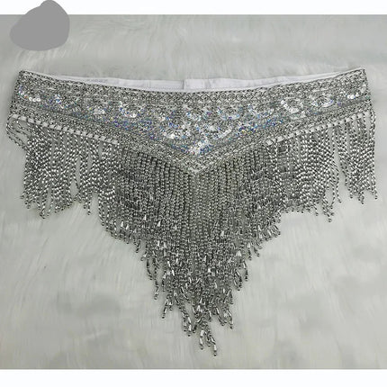 Sparkly Sequin Belly Dance Hip Scarf Wrap Belt with Beaded Tassel Waist Chain