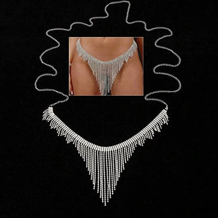 Geometric Rhinestone Tassel Thong Body Chain – Luxury Crystal Lingerie & Shimmering Waist Harness for Raves, Festivals & Beachwear