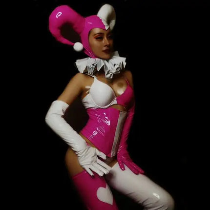 Pink Faux Leather Bikini, Furry Horns & Thigh-High Leg Covers 4-Piece Cosplay Stage Costume Set