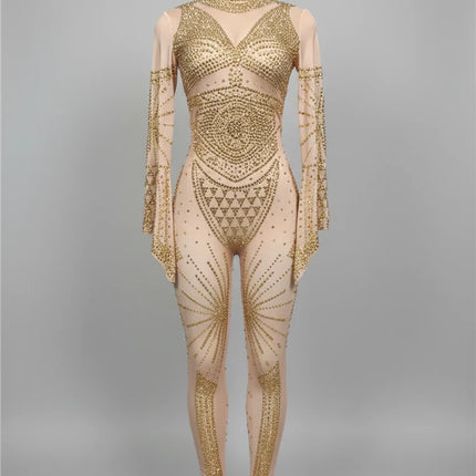 Gold Crystal Illusion Jumpsuit Long Sleeve Rhinestone Catsuit Stage Performance Wear