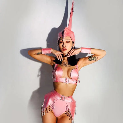 Crystal & PU Leather Roleplay Dance Costume Set