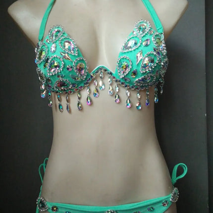 Sparkling Rhinestone Tassel Costume Bikini Set – Shimmering Crystal Fringe Bra & Belt Set for GoGo Dancers, Raves & Stage Performances