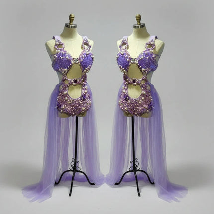 Purple Pearl Shell Crystal Bodysuit & Sheer Skirt 3-Piece Ocean Stage Costume Set