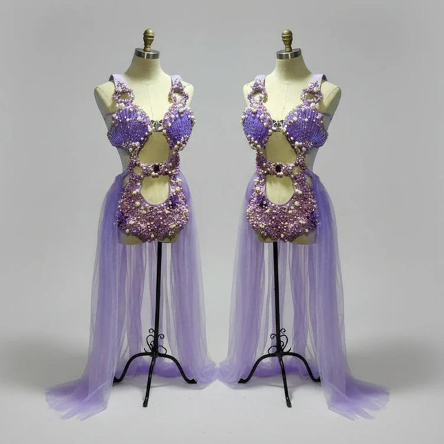 Purple Pearl Shell Crystal Bodysuit & Sheer Skirt 3-Piece Ocean Stage Costume Set